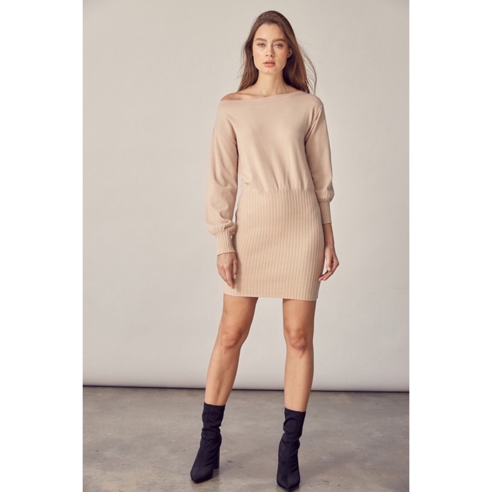 Off Shoulder Ribbed Sweater Dress